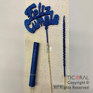 ADORNO DE TORTA SET FELIZ CUMPLE CON BENGALA Y VELA GIBRE AZUL x 1